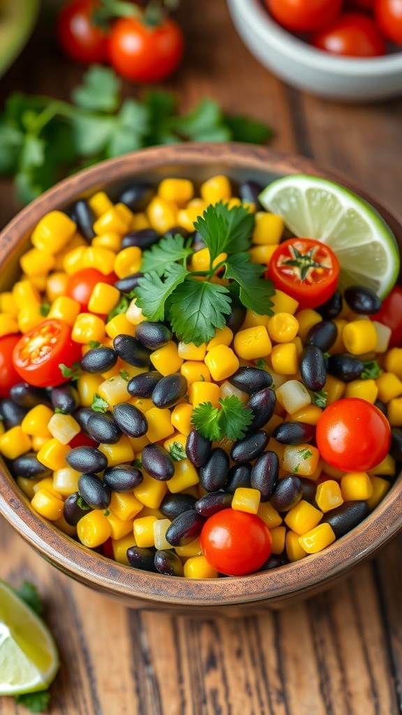 A bowl of corn and black bean salad with corn, black beans, cherry tomatoes, and cilantro on a wooden table.